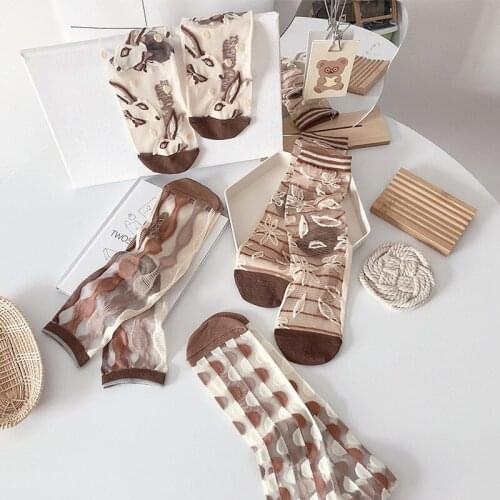 New Milk Tea Color Ultra-Thin Transparent Women Socks Funny Cute Rabbit Flower Semicircle Water Ripples Sheer Kawaii Socks