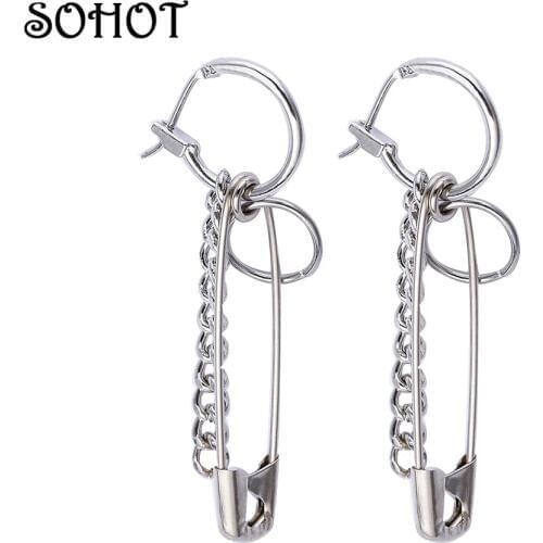 SOHOT New Punk Style Hoop Earrings Hot Wholesale Hyperbole Pin Pendant Tibetan Silver Clip Unisex Bijoux For Party Brincos