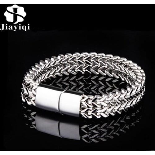 Jiayiqi New Style Titanium Bracelet Bangles for Men Double Layer 316L Stainless Steel Curb Cuban Chain Magnet Buckle Bracelets