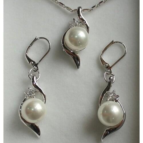 Wholesale Good Perfect Match Beautiful Jewelry Set 10mm White Shell Pearl Pendant & Earring 18 Inch Genuine Lucky Ladys Jewelry