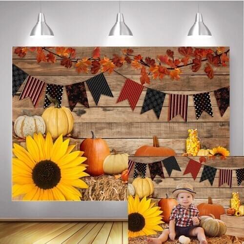 Fall Little Pumpkin Birthday Art Backdrop Wood Floor Autumn Harvest Sunflowers Backdground Sunflowers Maple Leaf Photography