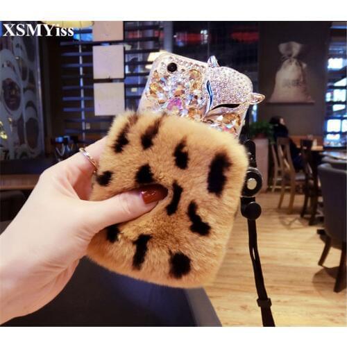 XSMYiss Luxury Rhinestone Diamond Fox head Real Rabbit Fur Soft phone case For Xiaomi mi 6 8 Lite 9 SE 5X 6X A2 MAX2 MAX3 MIX3
