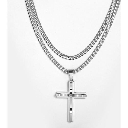 Silver Color Double Chains Cross Pendant for Men Women Box Curb Cuban Necklace Stainless Steel Link Neckalce Pendant DKP52KN53