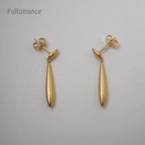 GORGEOUS TALL 1.18" YELLOW GOLD GP SCRUB WATER DROP SHAPED CHARM DANGLE EARRING /GREAT GIFT