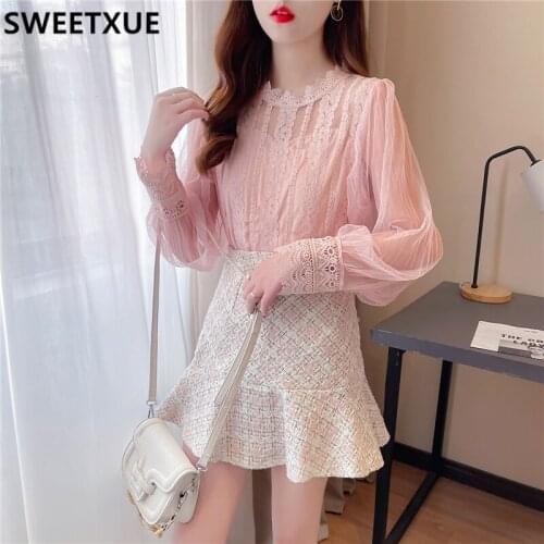 SWEETXUE 2021 Spring Women 2-Piece Set Fairy Lace Stitching Mesh Shirt And Woolen Fishtail Skirt Suit Cute Kawaii Lady