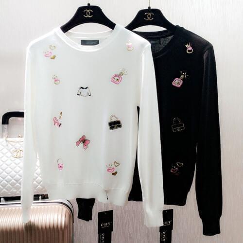 Spring Korean fashion sweet college embroidery sweater long sleeved knit jacket students coat pullovers black white pink
