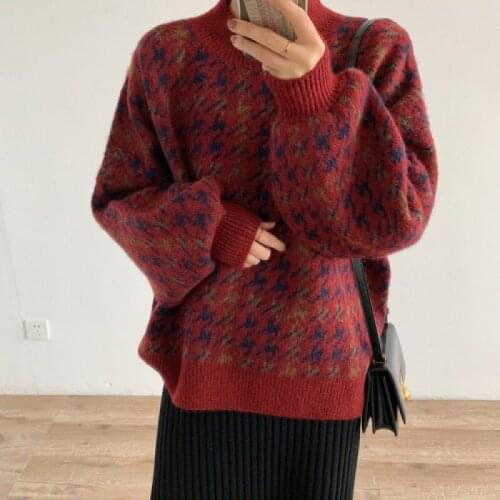 Female Winter All-match Trendy Oversize Streetwear Clothes Women Pullover Patchwork Loose Lantern Sleeve Simple Knitted Sweater