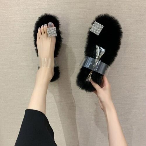 Womens Summer Casual Fur Fluffy Slippers Flat Non-Slip Solid Rabbit Fur Slippers Large Size Shoes Fur Sandals