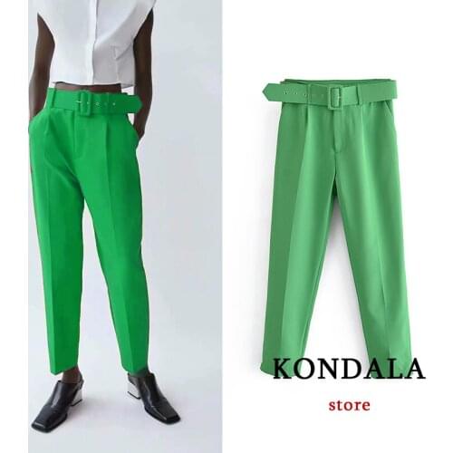 KONDALA Za 2021 Chic Green Office Lady Long Women Pants with Sashes High Waist Straight Fashion Autumn Trousers Elegant Pants
