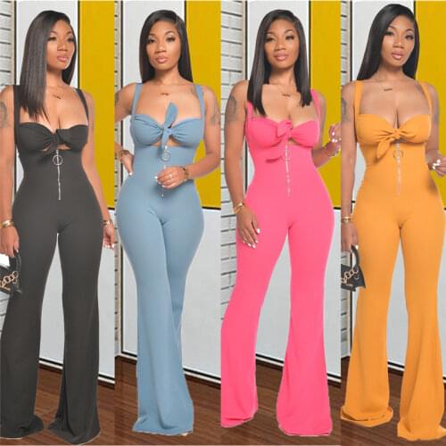 Fashion Sexy women zipper wrapped chest two-piece suit Backless Sleeveless Flare Pants Streetwear Wholesale lady clothes Elegant