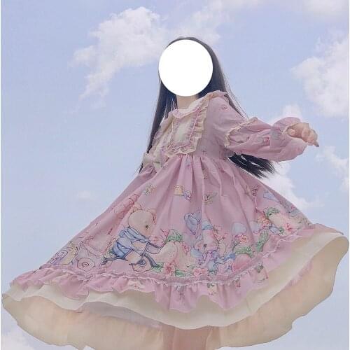 Winter Cute Pink Lolita Dress For Women Japanese Kawaii Cominc Teen Girl Long Sleeve Loose Casual Comfy Dress Female Outwear