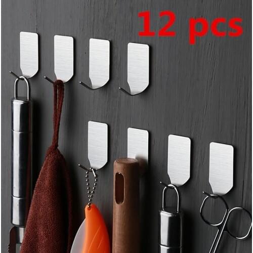 12pcs Bathroom Wall Hooks Adhesive Hooks Stainless Steel Stick On Adhesive Robe Strong Towel Wall Hook Storage Holder