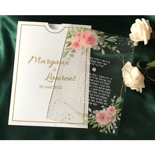 Pink,White Rose Flower,Green Leaf Wedding Invitation,Acr First Baby Shower Acrylic Invitations,10pcs Custom Acrylic Wedding Menu