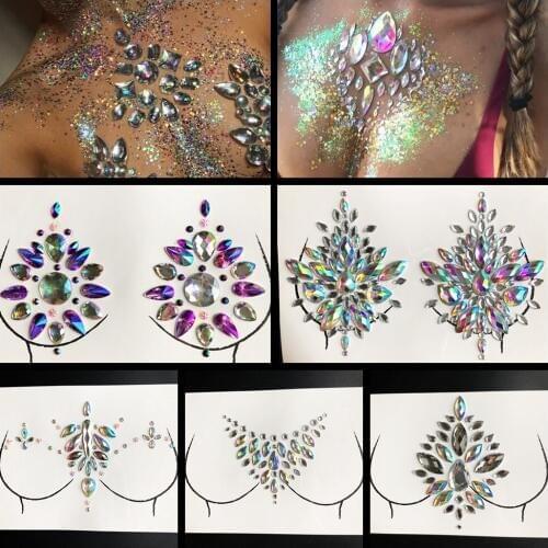 Glitter Breast Gem Tattoo Sticker Pretty Jewels Nipple Sticker Shining 3D Sexy Crystal Accessories For Queen Show Body Art Paste