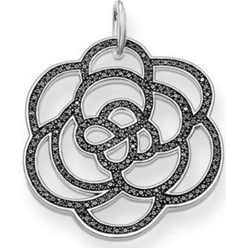 Big Black Hollow Rose Flower Pendants in Silver Black Zirconia Fit Chains Necklaces, Most Fashion Glam Bijoux Jewelry for Women