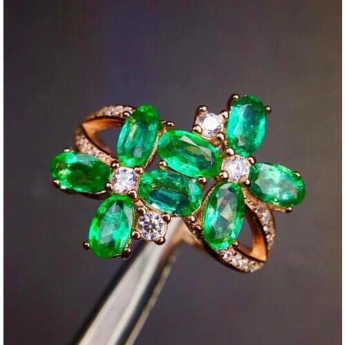 Natural real emerald flower big ring Per jewelry Free shipping 0.25ct*8pcs gemstone 925 sterling silver Fine jewelry J209242