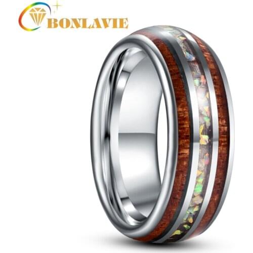 BONLAVIE 8mm Inlaid Wood Grain Opal Steel Dome Tungsten Carbide Ring Mens Fashion Wedding Jewelry Best Gift