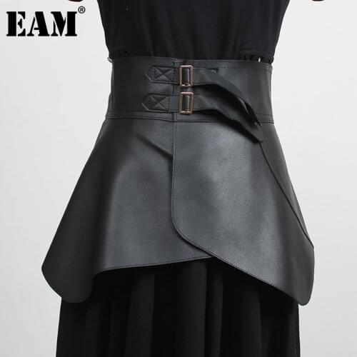 [EAM] Retro Ruffles Irregular Black Pu Leather Wide Belt Personality Women New Fashion All-match Spring Autumn 2021 1DD4844