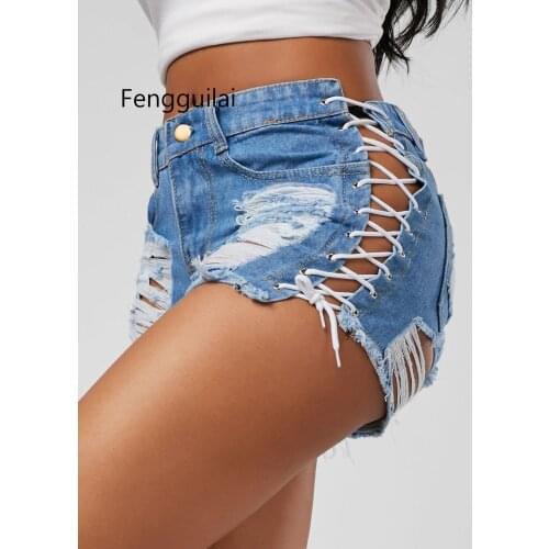 FENGGUILAI Hot Solid Lacing Women Denim Shorts New Hole Short Slim Sexy Bandage Jeans Shorts Female Ripped Short Pants