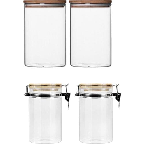 2Pcs Durable Glass Sealed Can Food Storage Tank Bamboo Lid Tea Canister Glass Reusable Jar Tank Can for Grain Candy