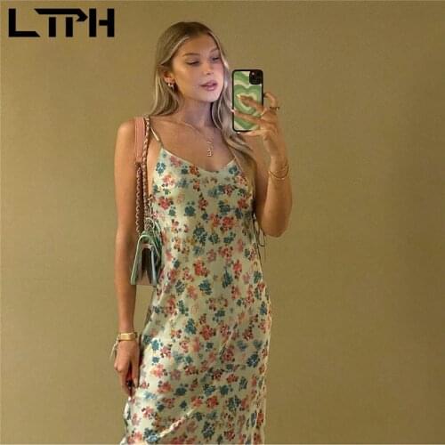 LTPH vintage floral satin dress women side bandage sexy elegant backless sleeveless camisole print maxi dress 2021 summer new