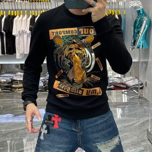 Trendy Tiger Gold Sequins Fall Winter Tshirt Men 2021 Luxury Rhinestones Tiger Head Sweatshirt Men Fashion Slim Hot Sweatshirt