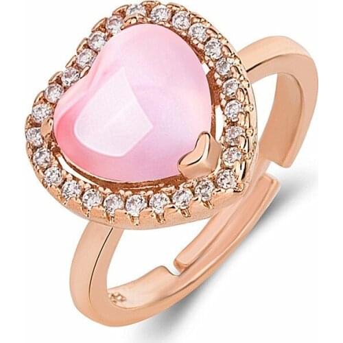 Natural Chinese Pink Chalcedony Hand-carved Heart-shaped Ring Boutique Jewelry Women Pink Crystal Adjustable Opening Ring