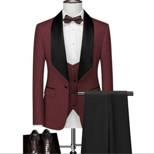 Newest Men Suits Dark Red Pattern and Black Groom Tuxedos Shawl Lapel Groomsmen Wedding Best Man ( Jacket+Pants+Vest+Tie ) D20