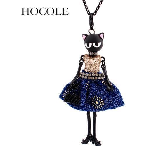 HOCOLE Fashion Lovely Doll Necklace Charm Dress Cat Face Long Chain Pendant Necklaces Jewelry for Women Accessories Bijoux Gifts