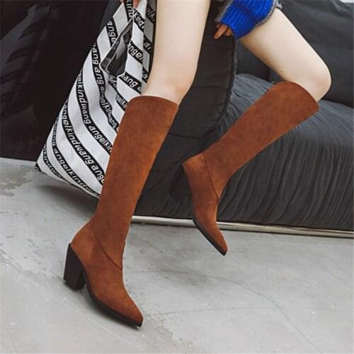 PXELENA Chunky Block Heels Knee High Boots Women 2020 Winter Shoes Hot Slip On Flock Office Lady Dress Date Daily Long Boots 43