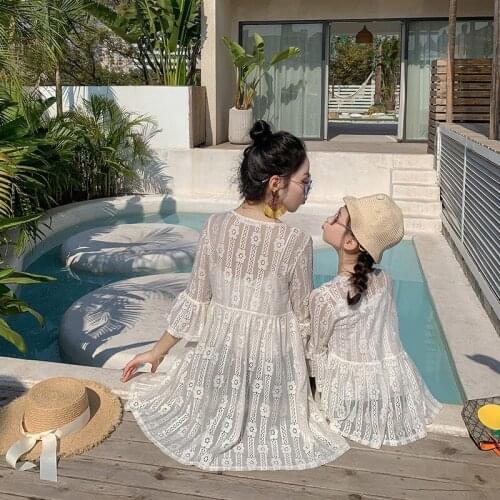 Family Matching Outfits Summer 2020 Lace Beach Thin Cardigan Mother Daughter Sunscreen Shirts Outwear Mother Daughter Dress
