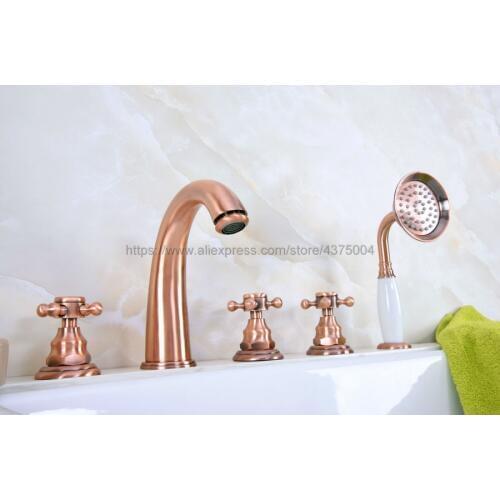 Widespread Antique Red Copper Bathtub Mixer Filler Roman Bath tub Sink Faucet Deck Mounted 5 holes Ntf238