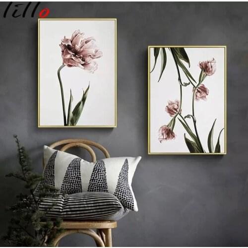 Nordic romantic flowers poster canvas painting wall art pictures for lving room hd posters and prints pink green home decorative