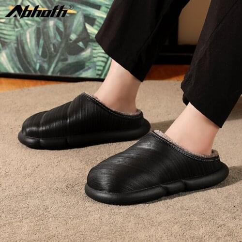 Abhoth Women Shoes Leather Cotton Men Slippers Waterproof Non-slip Indoor Shoes Home Warm Short Plush Flat Soft House Slippers