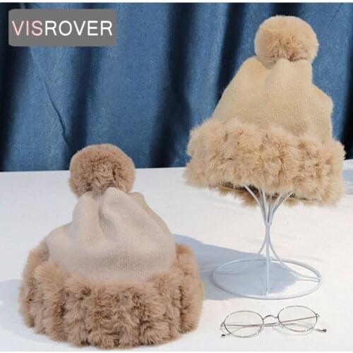 VISROVER 8 colors solid rabbit fur beanies winter hat for woman acrylic pompom hat woman Autumn Warm skullies gift Wholesales