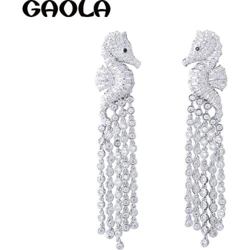 GAOLA Women Fashion Long Tassel Clear White Micro Pave Setting Dangle Earring Cubic Zirconia Hippocampus Earrings GLE6269