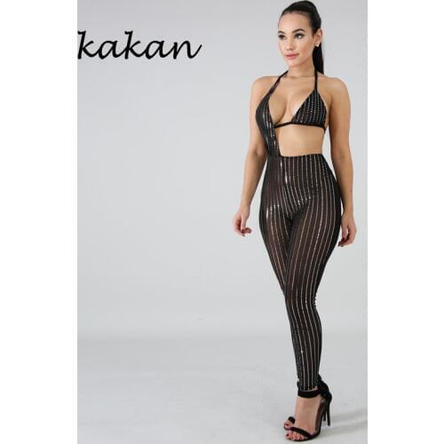 Kakan new womens mesh gauze tights jumpsuit irregular sexy nightclub perspective jumpsuit sequins white black jumpsuit