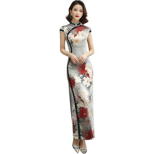 PLus Size 4XL Female Satin Long Evening Cheongsam Chinese Womens Qipao Sexy Print Flower Dresses Vintage Button ZAYS518