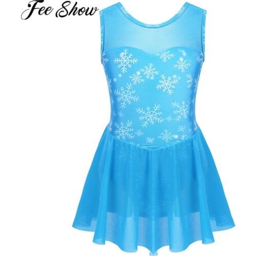 FEESHOW Kids Dance Wear Sleeveless Snowflake Pattern Mesh Splice Gymnastics Leotard Girls Ballet Costume Figure Skating Dress