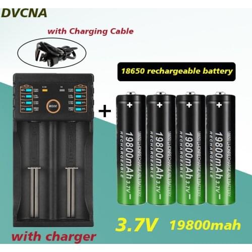 100% New 18650 battery 3.7V 19800mAh rechargeable li-Ion battery with charger for Led flashlight batery litio battery+ Charger