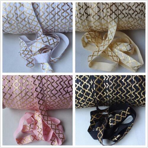 11 colors Gold Foil Big Quatrefoil Printed Fold Over Elastic 50 yards per lot Manufacturer Supply Custom Print FOE Ribbon