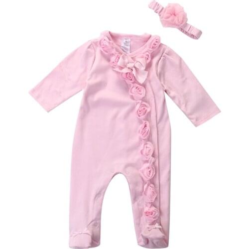 2020 Infant Newborn Baby Girls Long Sleeve Cute Pink Floral Clothes Casual Jumpsuit Romper+Headband Clothes Outfits