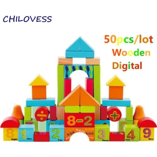 50pcs/lot Wooden Building Blocks Toy Digital Geometric Assembled Early Education Multicolor High Quality Toys Gift For Kids