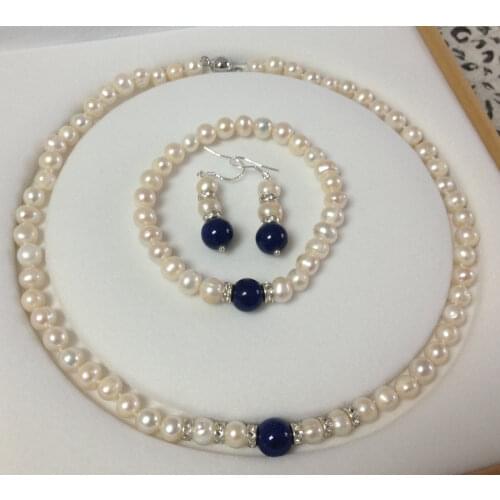 7-8mm White Akoya Cultured Pearl/Lapis Lazuli bracelets necklace earrings set18"