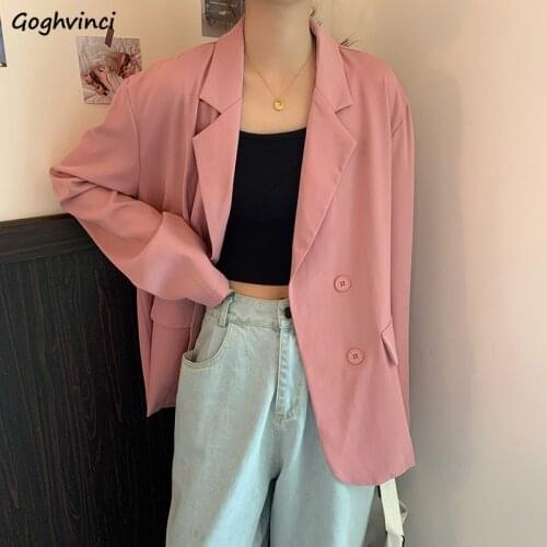Blazers Women Spring Solid Drape Leisure Elegant Fashion Ulzzang Chic Retro Streetwear Double Breasted Long Simple Harajuku Cozy