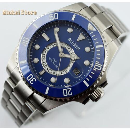 Bliger 43mm blue dial luminous marks sapphire glass ceramic bezel date GMT automatic mens top mechanical watch