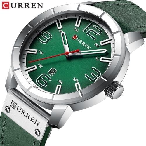 Luxury CURREN New Men Watch Creative Green Face Leather Strap Quartz Wristwatch Fashion Sport Waterproof Date Display Clock