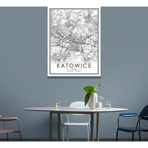 Black White Line City Map Poster KATOWICE Nordic Canvas Painting Prints And Posters Wall Art Pictures For Home Decor