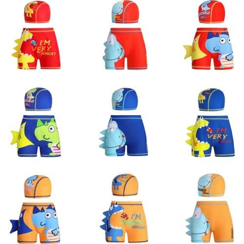 0-8T Kids Swimsuit Cartoon Dinosaur Print Swim Trunks Boy Swimwear with Hat Beach Short for Toddler Children Swimming Clothing