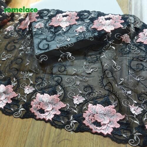 1Yd 30cm Wide Black Gauze Fluorescent Pink Mirror Floral Embroidery High Quality Lace Trim For Garments, Wedding Decoration20411